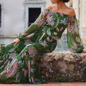 Boston Proper Off the Shoulder Scrolling Fleurs Tiered Maxi Dress